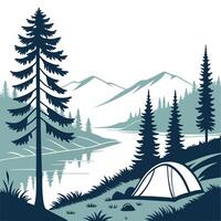 Camping site by a tranquil mountain lake with a tent and pine trees vector
