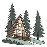A triangular wooden tiny house with a terrace in the pine forests vector
