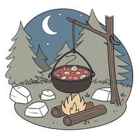 One pot camping meal with beef and potatoes simmering on a camp fire. vector