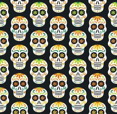 Latin American traditional Day of the Dead background of Ethnic ornate Sugar Skulls decorated with flowers for fabric prints, wallpaper, wrapping paper. Seamless Pattern of autumnal shades. EPS 10