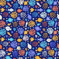 Sea style Seamless Pattern of Cutout Marine design elements. Endless funny Coral and Fish Background vector