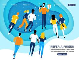 People Holding Hands, Running Together to a Person Speaking into a Microphone. Referral Program design concept. Modern hand drawn flat style illustration. Paper Art background. Website Banner vector