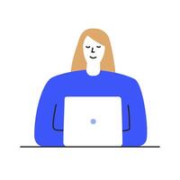 Young Girl sitting at the Table with a Laptop, Learning Online. Freelancer working at home. A programmer Woman at her Computer. vector
