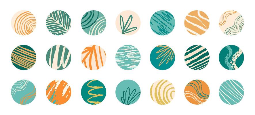 Social Network Highlight Story Covers. Abstract Art stylish round Avatars shades of trendy bottle-green orange and yellow colors with stripes, waves, floral motives. Circle Backgrounds