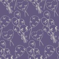 Seamless pattern with heart and round balloons decorated with bows on a purple background. Celebration and romance concept in a playful hand drawn design vector