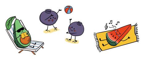 Funny fruits enjoying beach time with kawaii faces and summer activities. Cute vacation and relaxation concept in playful hand drawn character style vector
