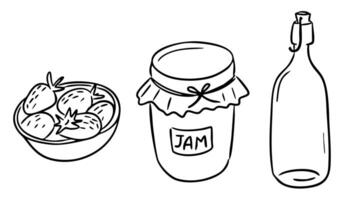 Hand drawn doodle set with strawberries, a jam jar, and a glass bottle. Homemade food and rustic picnic concept in simple black and white style vector