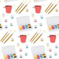 Seamless pattern with watercolor paint sets, brushes and jars on a white background. Creativity and artistic expression concept in a colorful hand drawn illustration vector