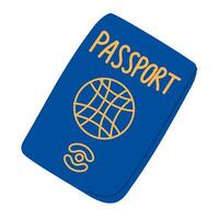 Colorful illustration of a biometric passport with globe symbol and bold lettering. Travel and international identity document concept in simple hand drawn style vector