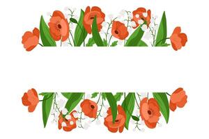 Hand drawn floral template with red poppies and white blossoms framing empty space. Concept of botanical decoration, invitation design and romantic greeting card vector