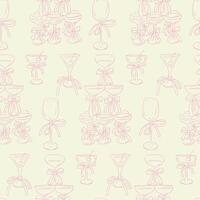 Seamless pattern of cocktail and wine glasses with bows in soft pink line art. This conveys elegance, celebration, and festive atmosphere in a minimalist style vector
