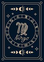 WebVirgo zodiac sign illustration with astrological symbols and moon phases in vintage style. Mystical horoscope and celestial concept with elegant hand drawn design vector