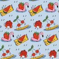 Seamless summer fruit pattern with cute hand drawn characters enjoying beach activities. Represents fun, relaxation and tropical vibes through playful kawaii design vector
