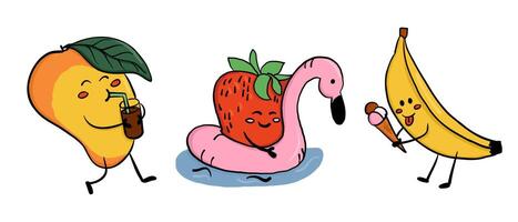illustration of cute mango, strawberry and banana with summer accessories on white background. Humorous summer vacation concept with kawaii fruit characters in a playful hand drawn style vector