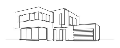 Flat roof house or large commercial building in continuous line art drawing style. Black linear sketch of modern architecture isolated on white background. vector