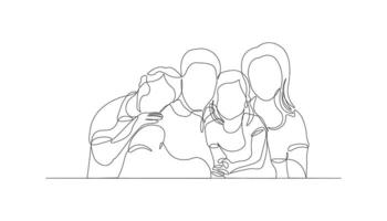 Happy family with two children in continuous line drawing style. Happy family portrait of parents with their daughter and son black linear sketch isolated on white background vector