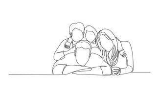 Happy family with two children in continuous line drawing style. United family portrait of parents with their daughter and son sketch in black linear sketch isolated on white background. vector