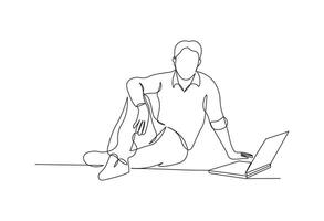 A man sits on the floor with a laptop beside him sketch in continuous line drawing style. Minimalist black linear sketch isolated on white background. vector