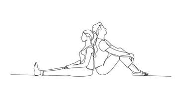 Couple man and woman sitting back to back on floor sketch in continuous line drawing style. Minimalist black linear sketch isolated on white background. vector