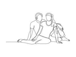Couple man and woman sitting together on the floor sketch in continuous line drawing style. Minimalist black linear sketch isolated on white background. vector