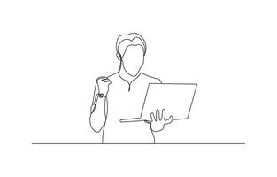 Half-body sketch of a man holding a laptop with one clenched hand as a sign of success in continuous line drawing style. Minimalist black linear sketch isolated on white background. vector