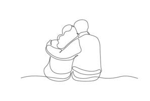 Romantic couple sitting together in continuous line drawing style. Minimalist portrait of couple with black linear sketch isolated on white background. vector