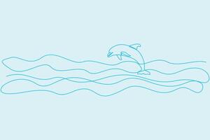 Hand-drawn dolphin with ocean view line art drawing. World Oceans Day concept background vector