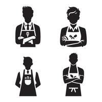 Set of man with apron silhouette. Black and white chef concept icon. vector