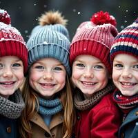 Children Winter Snow Hats. Happy kids bundled in warm hats outdoors during a snowfall, showcasing winter fashion and joy. photo