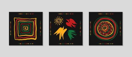 Juneteenth background with abstract geometric ornament, birds of freedom, African pattern. Celebration cards set. Greeting square post background for Social media. flat illustration. vector