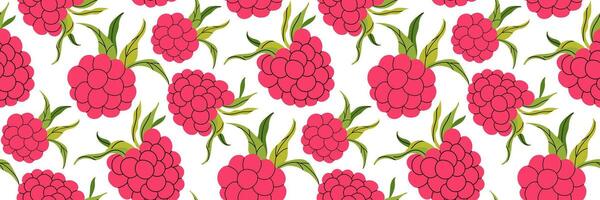 Pink raspberry foliage seamless pattern on white background. Spring garden background. Summer berry menu, cold drinks. Perfect for textile, menu, packaging, kitchen design. Flat illustration. vector