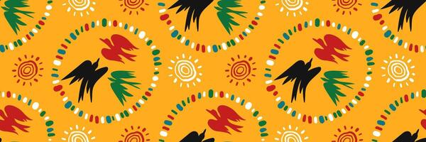 African Abstract ethnic seamless pattern with hand drawn birds of freedom and sun. Geometric horizontal background. Juneteenth celebration background. doodle illustration. vector
