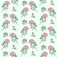 Delicate pink peony with stem and leaves, small bud on mint background. Botanical spring pattern. Minimalistic flowers seamless pattern For wallpaper, textiles, postcards. illustration. vector