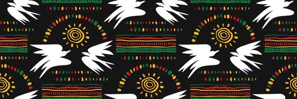 Juneteenth celebration seamless pattern. Abstract ethnic horizontal ornament with birds of freedom and curved lines. African color ornament. For greeting card, banner. doodle illustration. vector