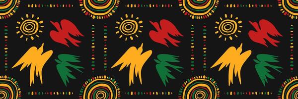 African geometric ethnic seamless pattern with hand drawn birds of freedom and curved circle. Juneteenth celebration background. Abstract elements on black background. doodle illustration. vector