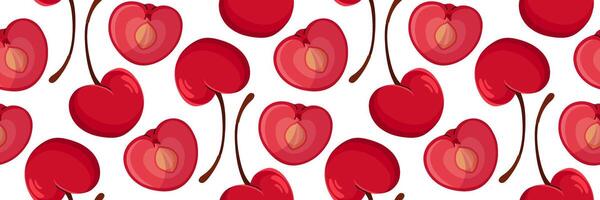 Red cherry Seamless pattern. Whole and one sliced in half showing pit. Spring garden background. Perfect for textile, menu, packaging, kitchen design. Cartoon illustration. vector