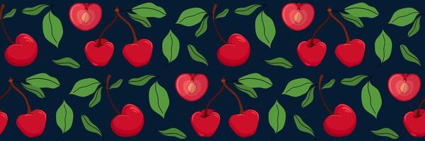 Seamless pattern with cherry on dark background. Whole berry and sliced in half showing pit. Spring garden background with foliage. Perfect for textile, menu, packaging, recipe. illustration. vector