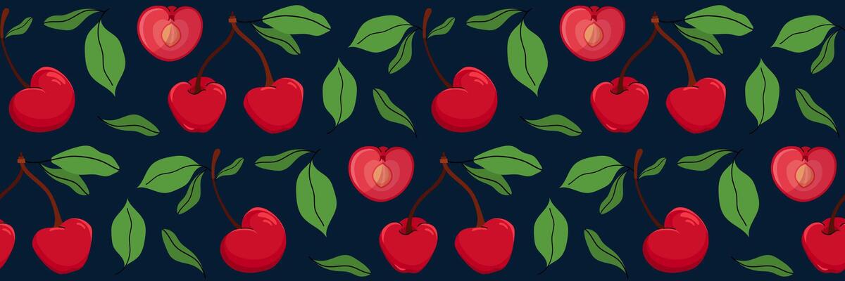 Seamless pattern with cherry on dark background. Whole berry and sliced in half showing pit. Spring garden background with foliage. Perfect for textile, menu, packaging, recipe. illustration.