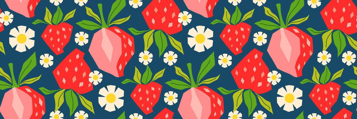 Summer geometric strawberry seamless pattern. Berry, green leaves, and daisy on blue background. Perfect for textiles, packaging, seasonal menu, summer cocktail. flat illustration.