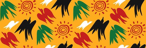 Abstract ethnic horizontal background. Juneteenth celebration background.African geometric seamless pattern with hand drawn birds of freedom and sun. doodle illustration. vector