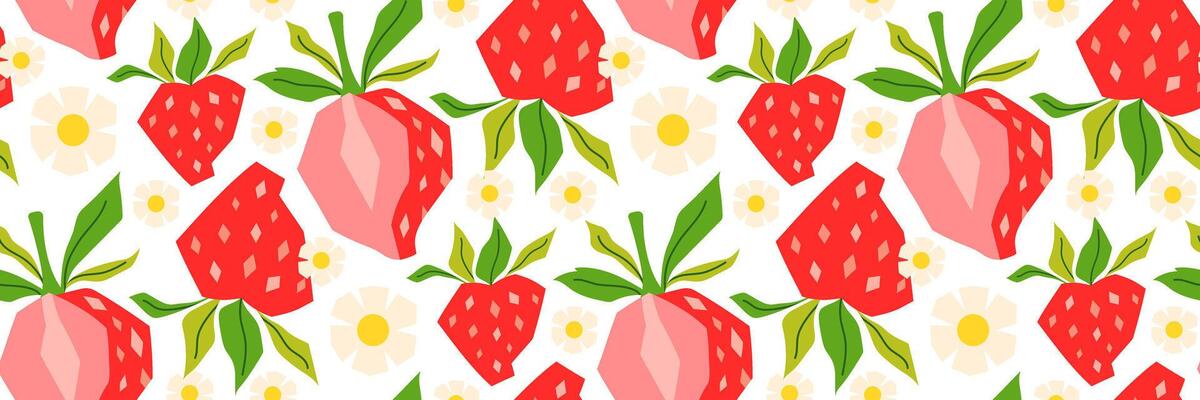 Summer geometric strawberry seamless pattern. Berry, green leaves, and daisy on white background. Perfect for textiles, packaging, seasonal menu, summer cocktail. flat illustration.