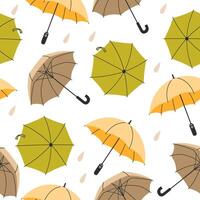 Seamless Pattern of Autumn Coloured Umbrellas with Raindrops in Flat Style on White Background vector