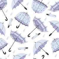 Seamless Pattern of Blue Umbrellas with Raindrops in Flat Style on White Background vector