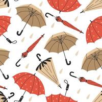 Seamless Pattern of Red and Beige Umbrellas with Raindrops in Flat Style on White Background vector