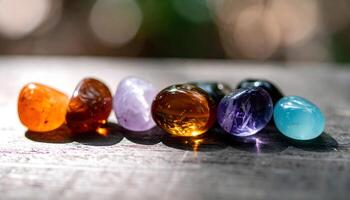 Shimmering gemstones in striking colors illuminated on a dark glossy surface with radiant reflections photo