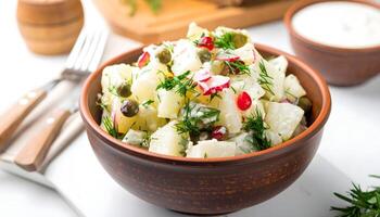 Fresh potato salad close up with creamy sauce, radish, capers and dill in ceramic bowl. Appetizing food photography with natural lighting photo