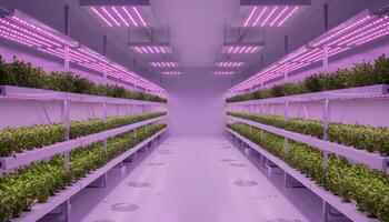 High tech vertical farming facility illuminated by vivid grow lights with symmetrical racks of lush green crops photo