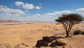 Vast desert landscape with rolling sand dunes, reddish rock formations, and a lone resilient tree photo