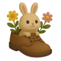 3d render of a cute rabbit in a shoe with flowers transparent background whimsical design playful environment png