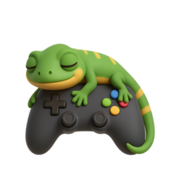 3d render of a relaxed gecko on a game controller in a transparent background gaming digital art playful concept png